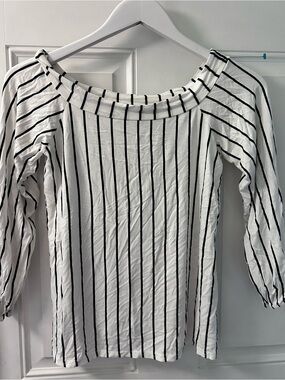 Boohoo White Long Sleeve Top with Black Vertical Stripes